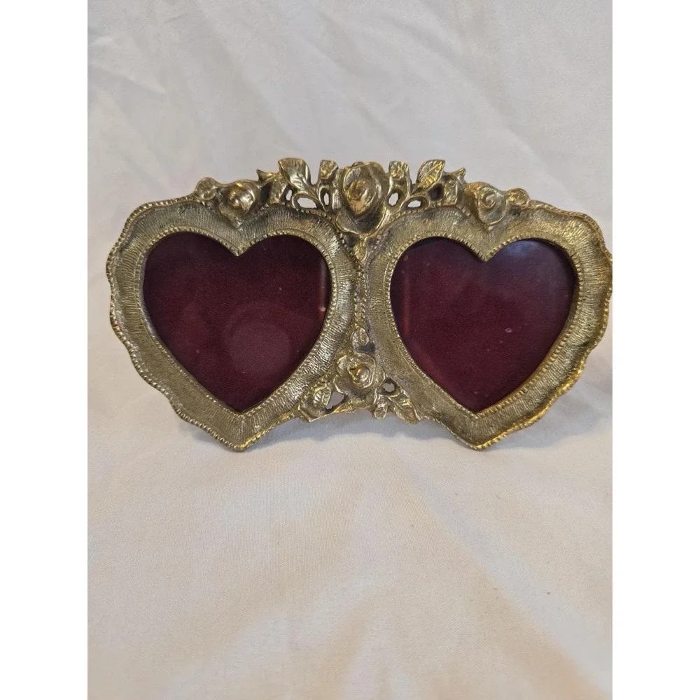 Solid Brass Ornate Double Heart Picture Frame With Roses Decorative Decor